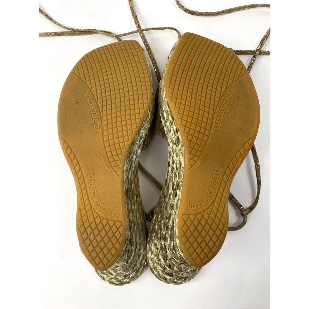 Stuart Weitzman Wishful Espadrilles Wedge Tan Nairobi‎ Patch Ankle Wrap Size 10